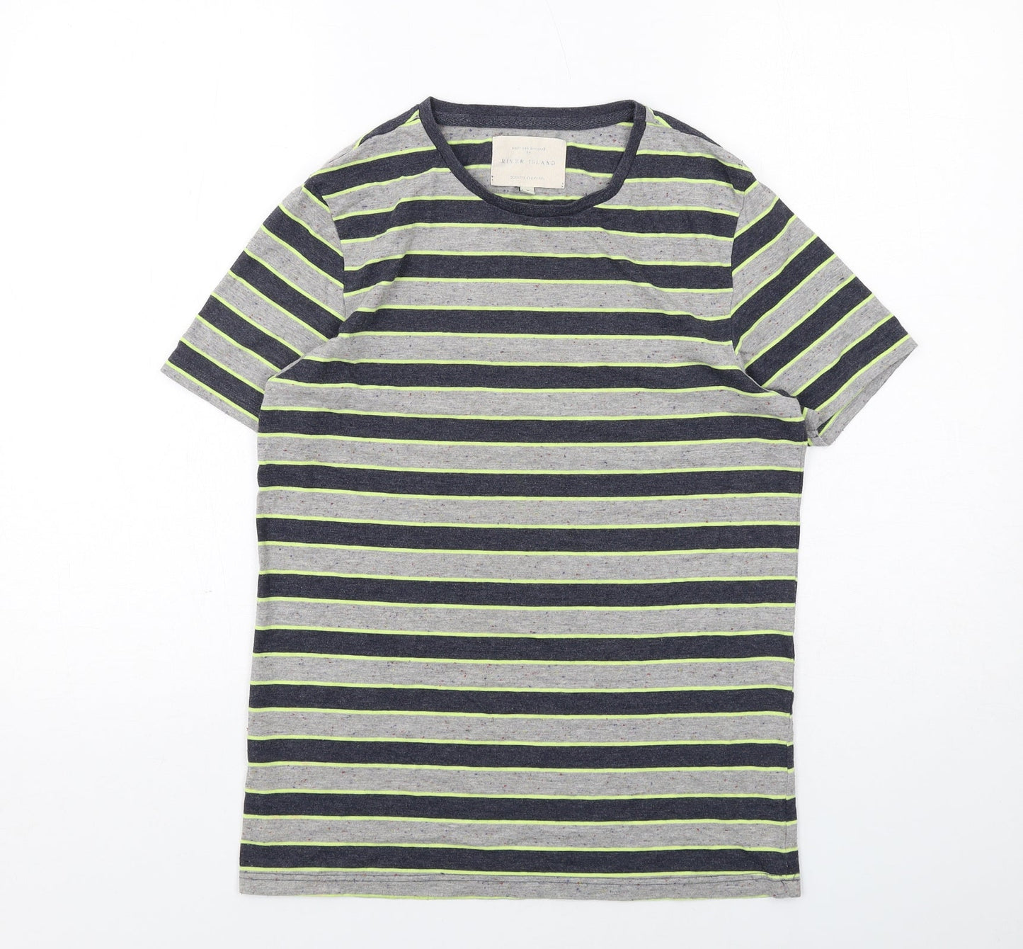 River Island Mens Grey Striped Cotton T-Shirt Size S Round Neck