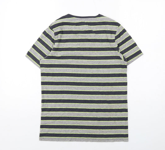 River Island Mens Grey Striped Cotton T-Shirt Size S Round Neck