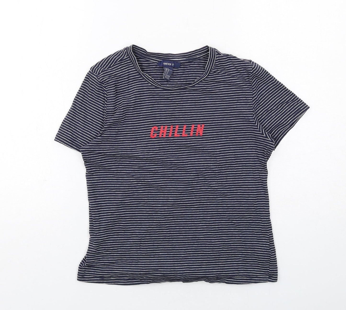 FOREVER 21 Womens Blue Striped Cotton Basic T-Shirt Size M Round Neck - Chillin