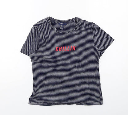 FOREVER 21 Womens Blue Striped Cotton Basic T-Shirt Size M Round Neck - Chillin