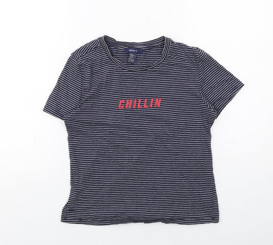 FOREVER 21 Womens Blue Striped Cotton Basic T-Shirt Size M Round Neck - Chillin