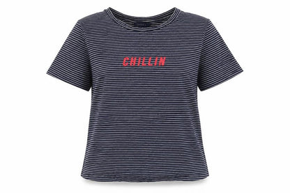 Forever 21 Womens Blue Striped Cotton Basic T-Shirt Size M Round Neck - Chillin