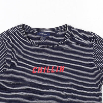 FOREVER 21 Womens Blue Striped Cotton Basic T-Shirt Size M Round Neck - Chillin