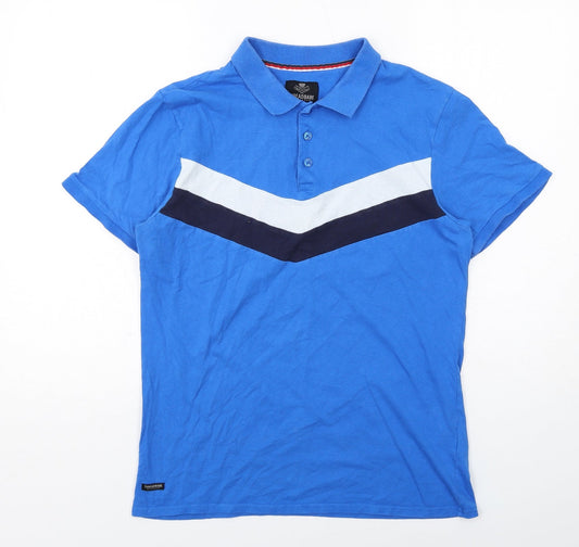 Threadbare Mens Blue Colourblock Cotton Polo Size M Collared Button