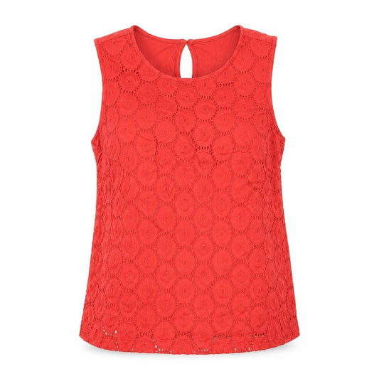 Front view of Red Herring women’s red geometric cotton basic blouse, size UK 8, round neck