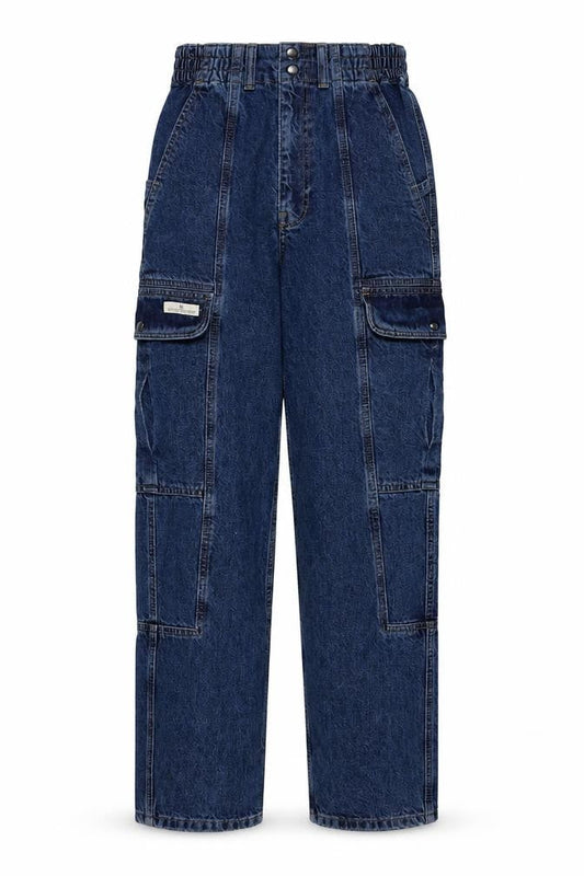 Front view of BDG women’s blue cotton mom jeans, size UK 26, in, 34-inch leg regular snap