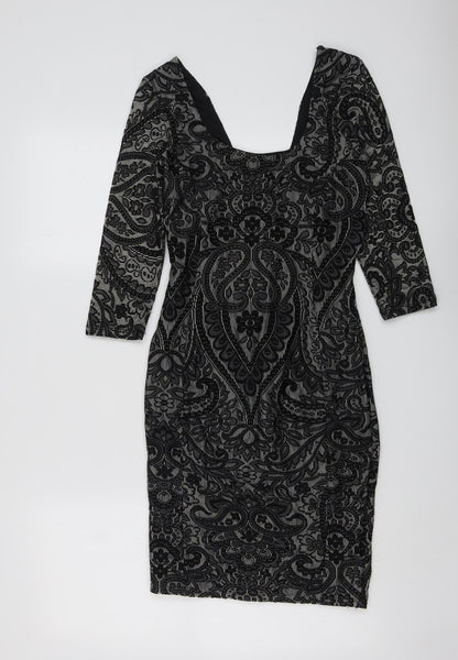 Miss Selfridge Womens Black Geometric Polyester A-Line Size 8 Square Neck Zip