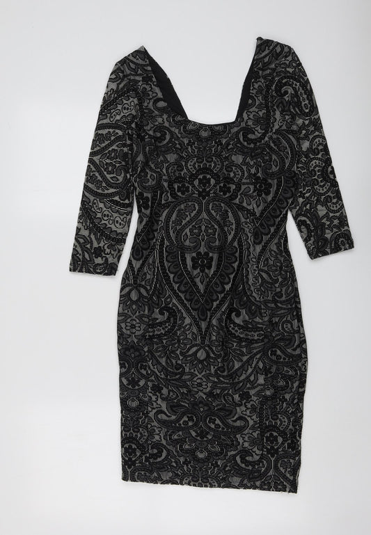 Miss Selfridge Womens Black Geometric Polyester A-Line Size 8 Square Neck Zip