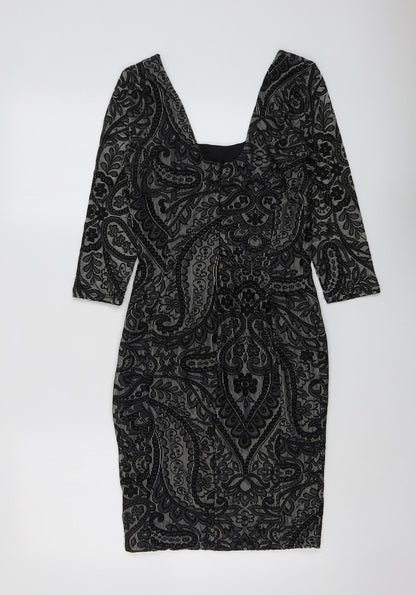 Miss Selfridge Womens Black Geometric Polyester A-Line Size 8 Square Neck Zip