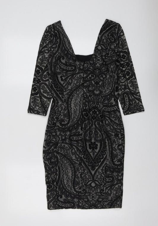 Miss Selfridge Womens Black Geometric Polyester A-Line Size 8 Square Neck Zip