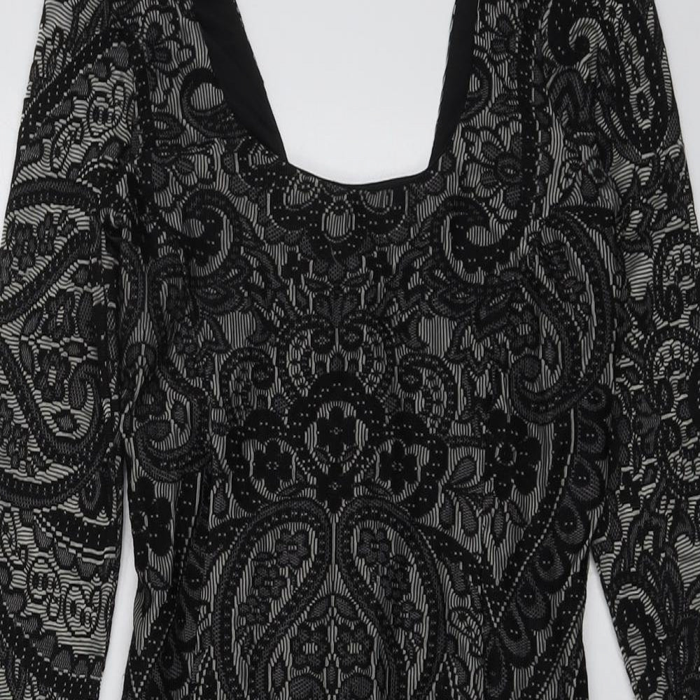 Miss Selfridge Womens Black Geometric Polyester A-Line Size 8 Square Neck Zip