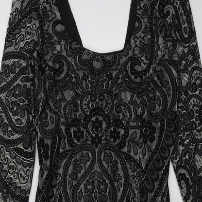 Miss Selfridge Womens Black Geometric Polyester A-Line Size 8 Square Neck Zip