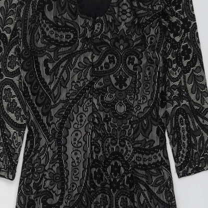 Miss Selfridge Womens Black Geometric Polyester A-Line Size 8 Square Neck Zip