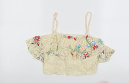 Elli White Womens Beige Floral Polyester Cropped Blouse Size M Off the Shoulder