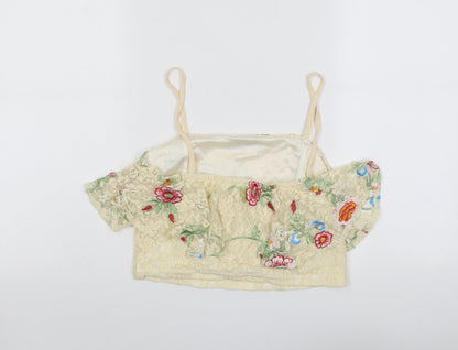 Elli White Womens Beige Floral Polyester Cropped Blouse Size M Off the Shoulder