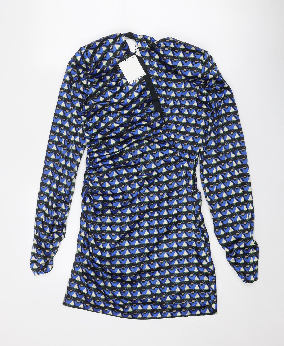 Zara Womens Blue Geometric Polyester Mini Size S Round Neck Zip