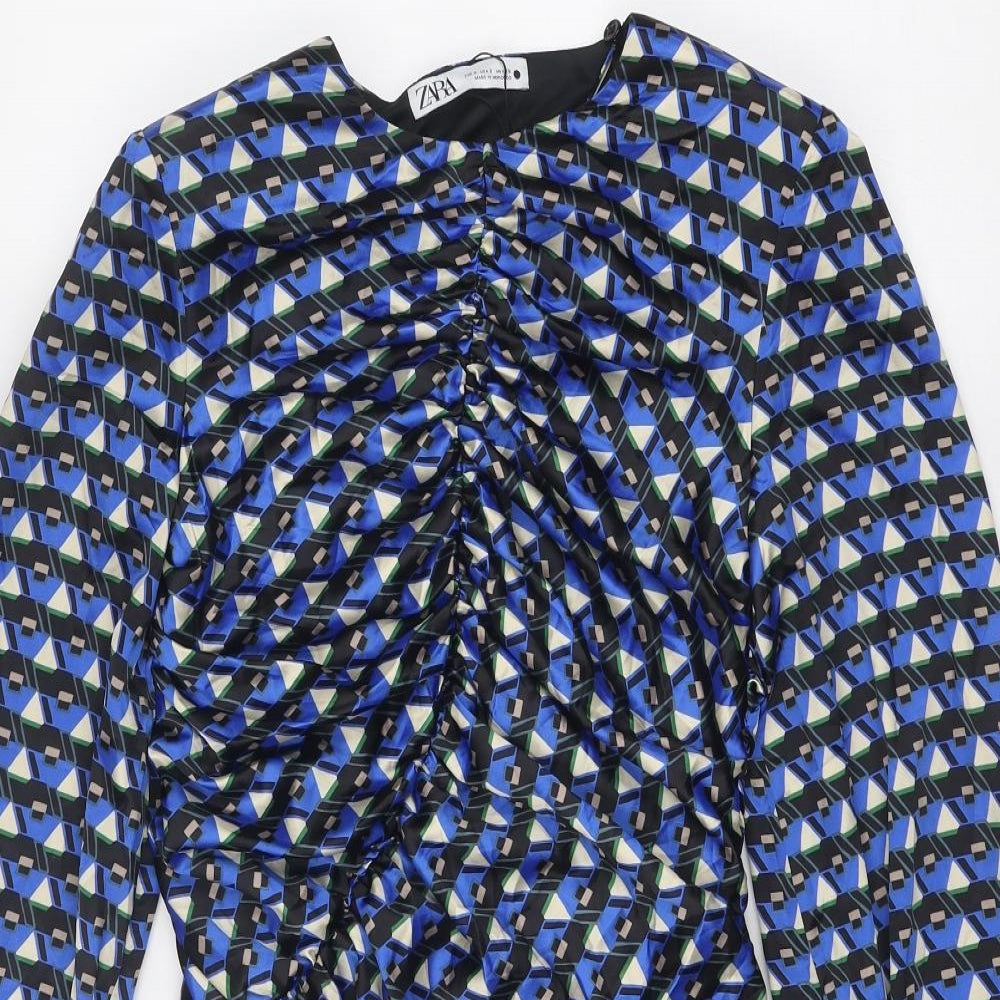 Zara Womens Blue Geometric Polyester Mini Size S Round Neck Zip