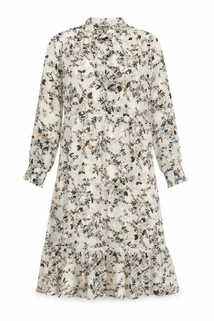 Front view of Miss Selfridge women’s beige floral polyester a-line, size UK 4, mock neck tie - tie neck detail