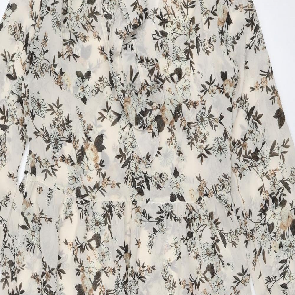 Miss Selfridge Womens Beige Floral Polyester A-Line Size 4 Mock Neck Tie - Tie Neck Detail