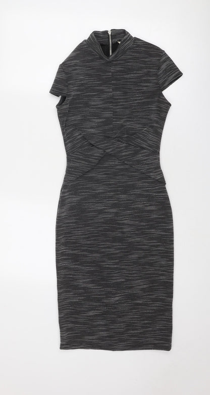 Miss Selfridge Womens Grey Striped Polyester Bodycon Size 6 Mock Neck Zip