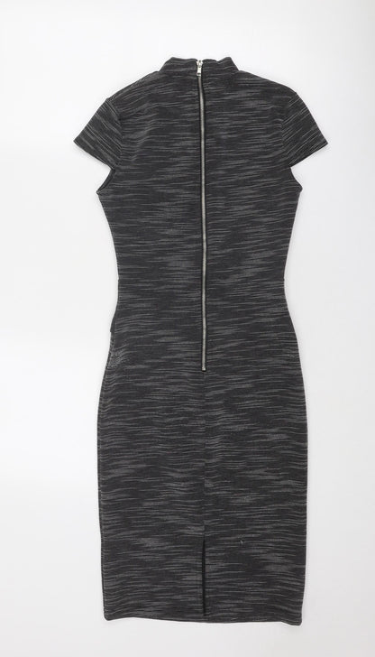 Miss Selfridge Womens Grey Striped Polyester Bodycon Size 6 Mock Neck Zip
