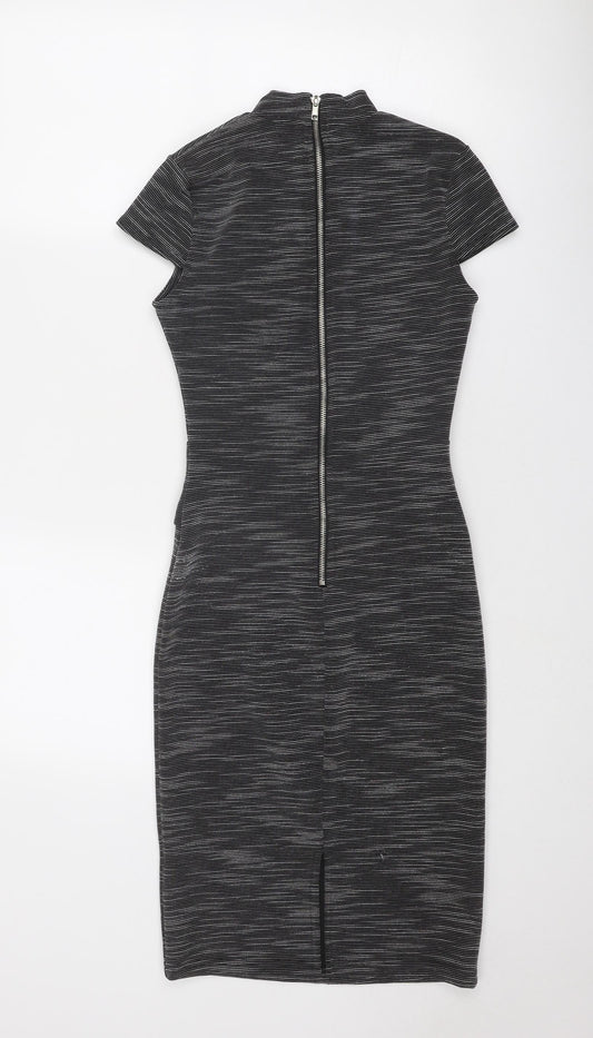 Miss Selfridge Womens Grey Striped Polyester Bodycon Size 6 Mock Neck Zip
