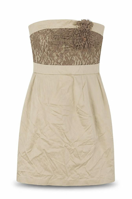 Front view of Red Herring women’s gold polyester mini, size UK 10, square neck zip - strapless lace details