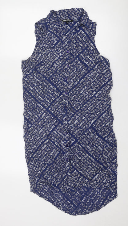 Debenhams Womens Blue Geometric Viscose Shirt Dress Size 12 Collared Button