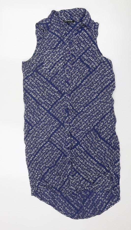 Debenhams Womens Blue Geometric Viscose Shirt Dress Size 12 Collared Button