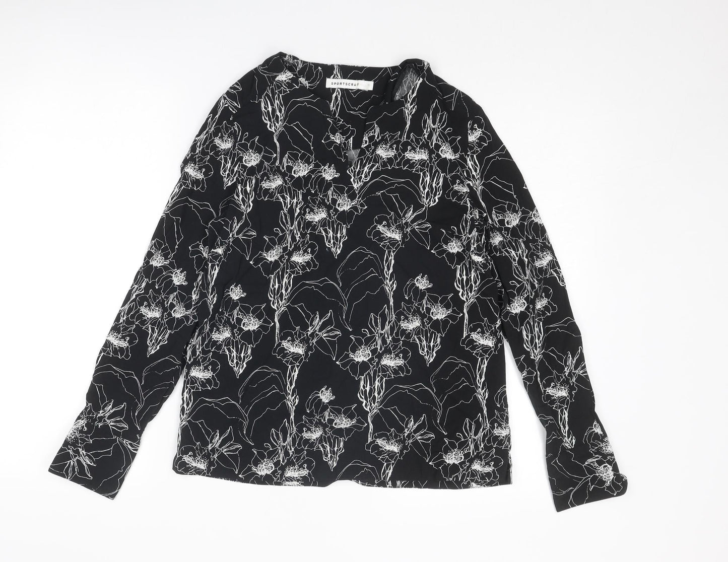 Sportscraft Womens Black Floral Viscose Basic Blouse Size 10 V-Neck