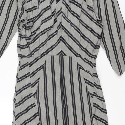 EVER Womens Black Striped Polyester Shift Size S V-Neck Zip