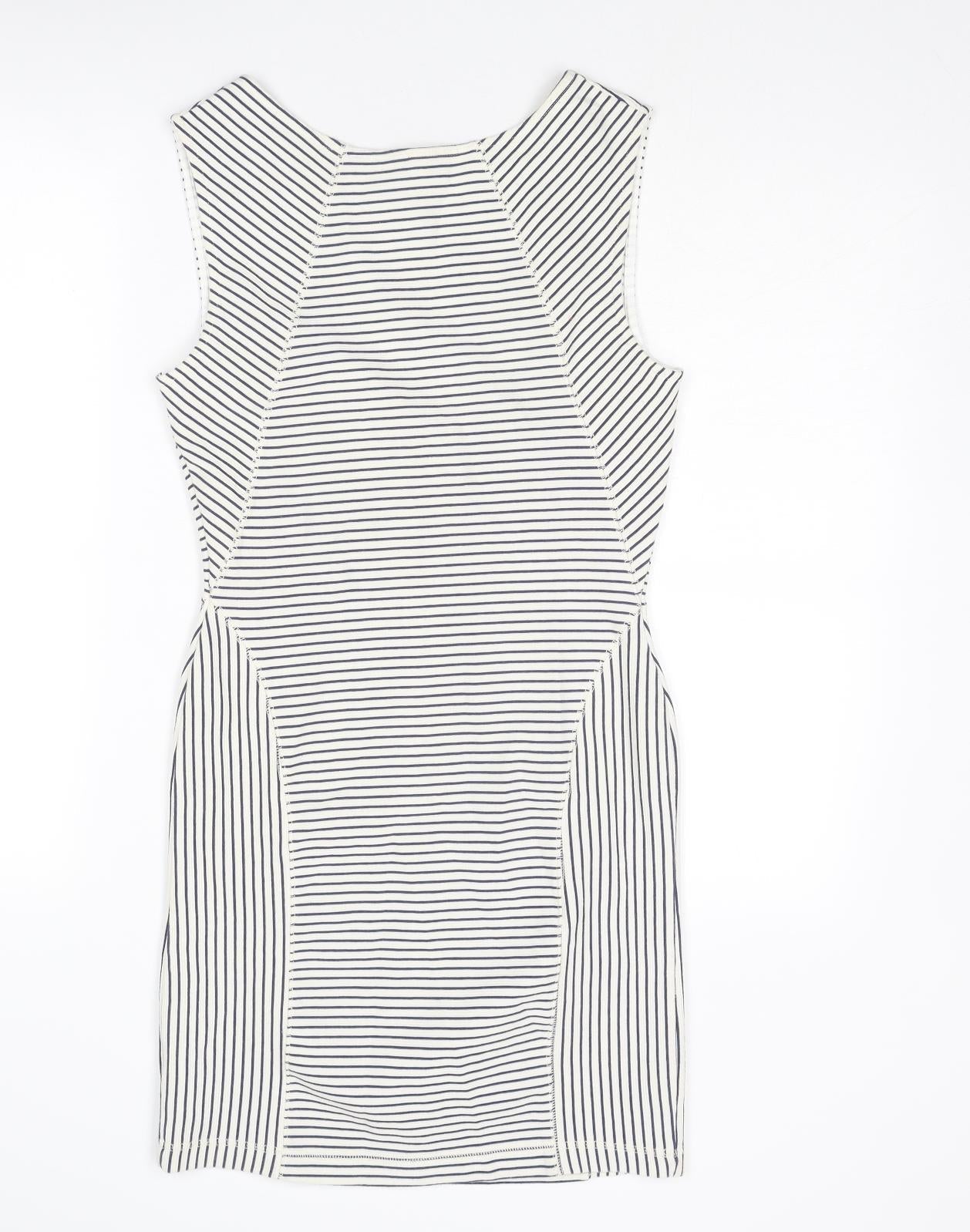 Mango Womens White Striped Cotton Shift Size S Round Neck Zip