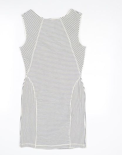 Mango Womens White Striped Cotton Shift Size S Round Neck Zip