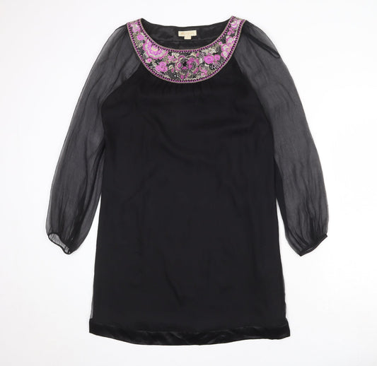 Monsoon Womens Black Silk Shift Size 10 Boat Neck Pullover - Sheer Sleeves