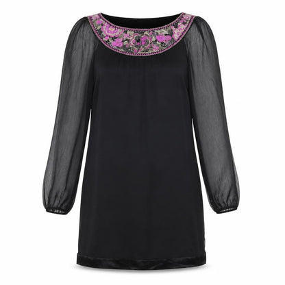 Monsoon Womens Black Silk Shift Size 10 Boat Neck Pullover - Sheer Sleeves