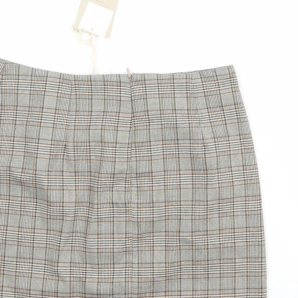 Pull&Bear Womens Beige Plaid Polyester A-Line Skirt Size M Zip