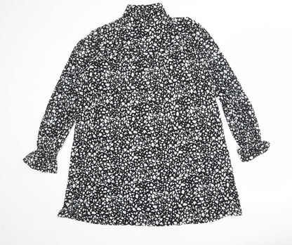 Blue Vanilla Womens Black Geometric Polyester A-Line Size S High Neck Button