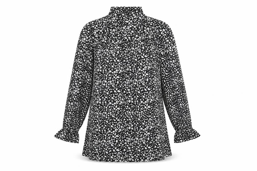 Blue Vanilla Womens Black Geometric Polyester A-Line Size S High Neck Button