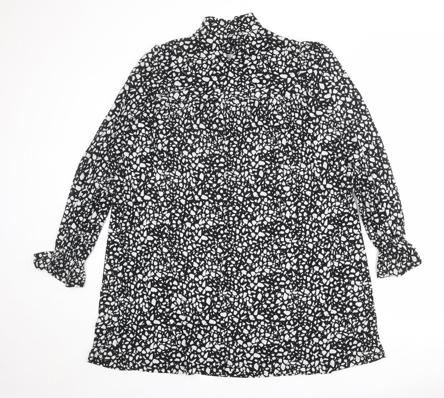Blue Vanilla Womens Black Geometric Polyester A-Line Size S High Neck Button