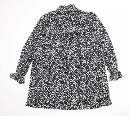 Blue Vanilla Womens Black Geometric Polyester A-Line Size S High Neck Button