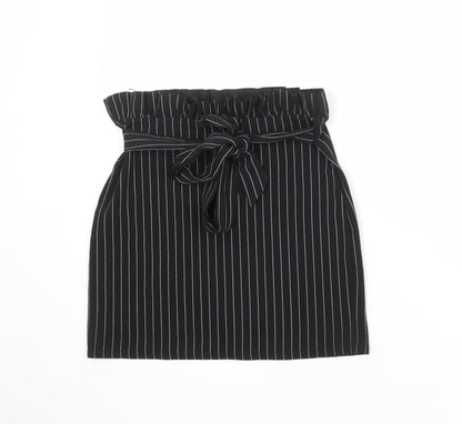 PRETTYLITTLETHING Womens Black Striped Polyester A-Line Skirt Size 12