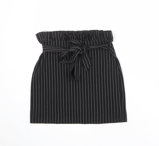 PRETTYLITTLETHING Womens Black Striped Polyester A-Line Skirt Size 12
