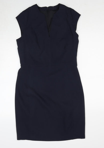 Mango Womens Blue Polyester Pencil Dress Size L V-Neck Zip - Cap Sleeve