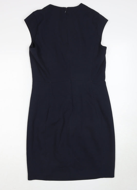 Mango Womens Blue Polyester Pencil Dress Size L V-Neck Zip - Cap Sleeve