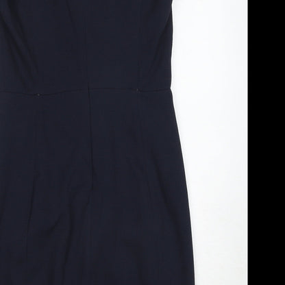 Mango Womens Blue Polyester Pencil Dress Size L V-Neck Zip - Cap Sleeve