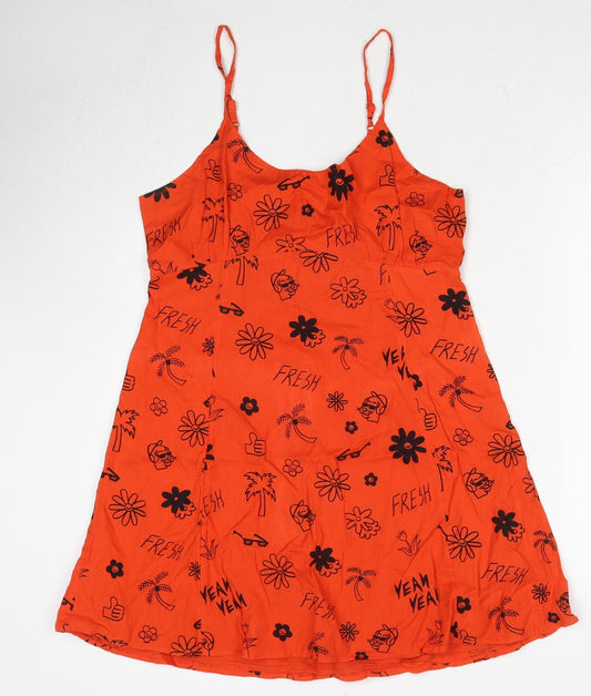COLLUSION Womens Orange Geometric Cotton Slip Dress Size 12 Round Neck Zip