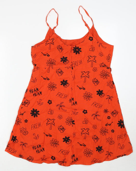 COLLUSION Womens Orange Geometric Cotton Slip Dress Size 12 Round Neck Zip