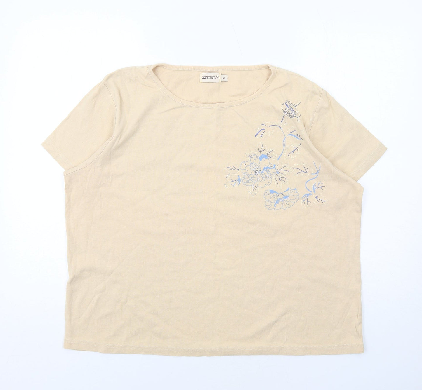 Bonmarché Womens Beige Cotton Basic T-Shirt Size XL Round Neck - Flower Detail
