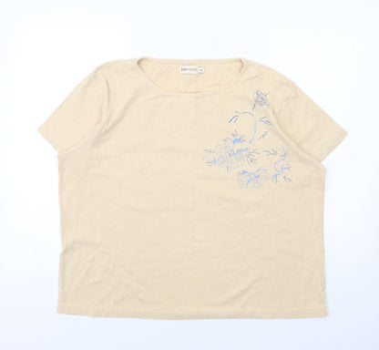 Bonmarché Womens Beige Cotton Basic T-Shirt Size XL Round Neck - Flower Detail