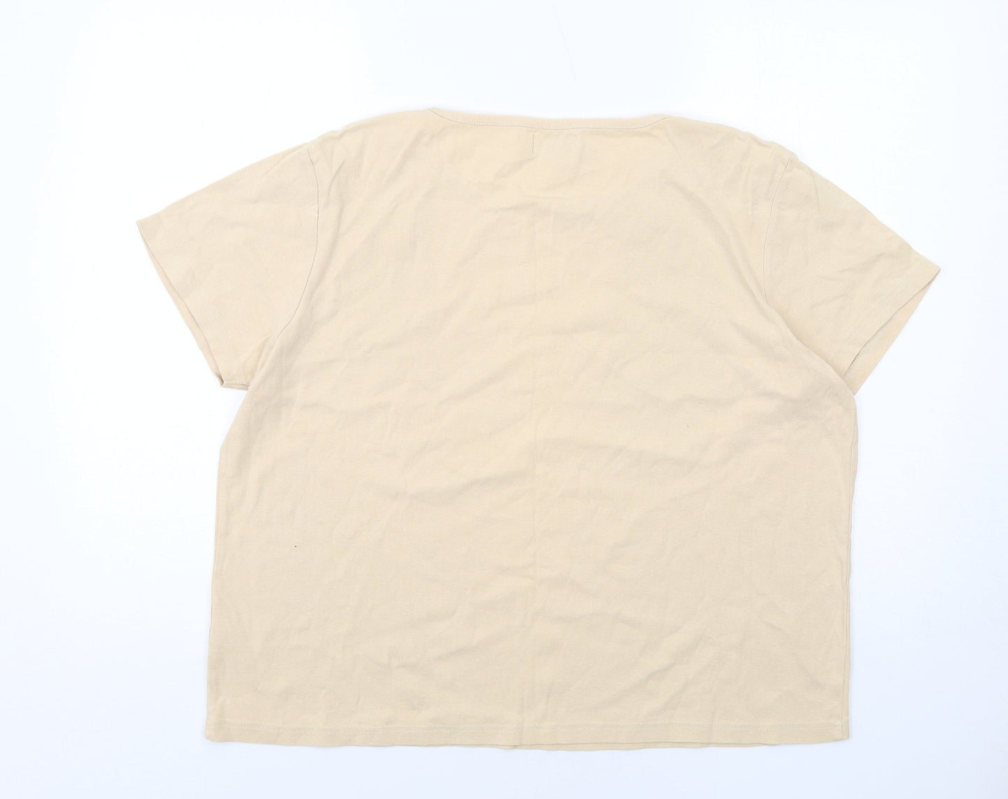 Bonmarché Womens Beige Cotton Basic T-Shirt Size XL Round Neck - Flower Detail